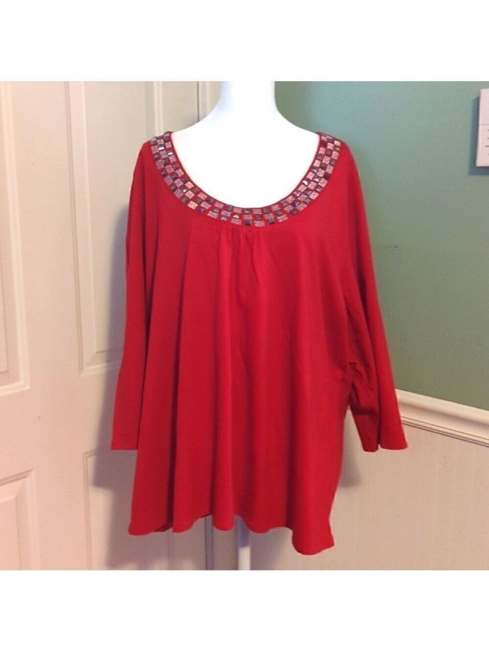Essentials Red Jeweled Shirt 3X Three Quarter Sleeves